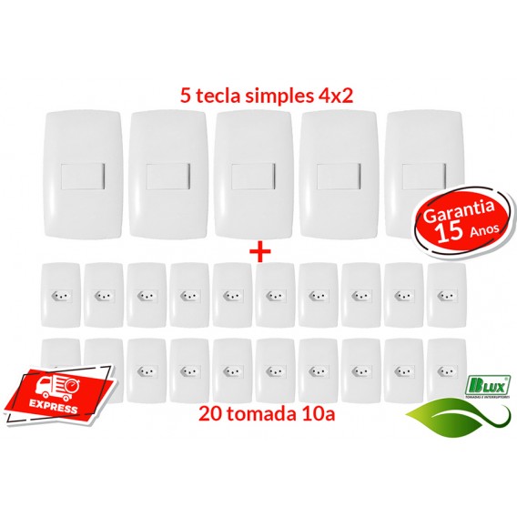 Kit 20 Tomadas 10a + 5 Interruptores Simples - (HOME BRANCA)